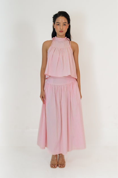 Pink Stripe Ruffled Halter Top &amp; Gathered Skirt Set