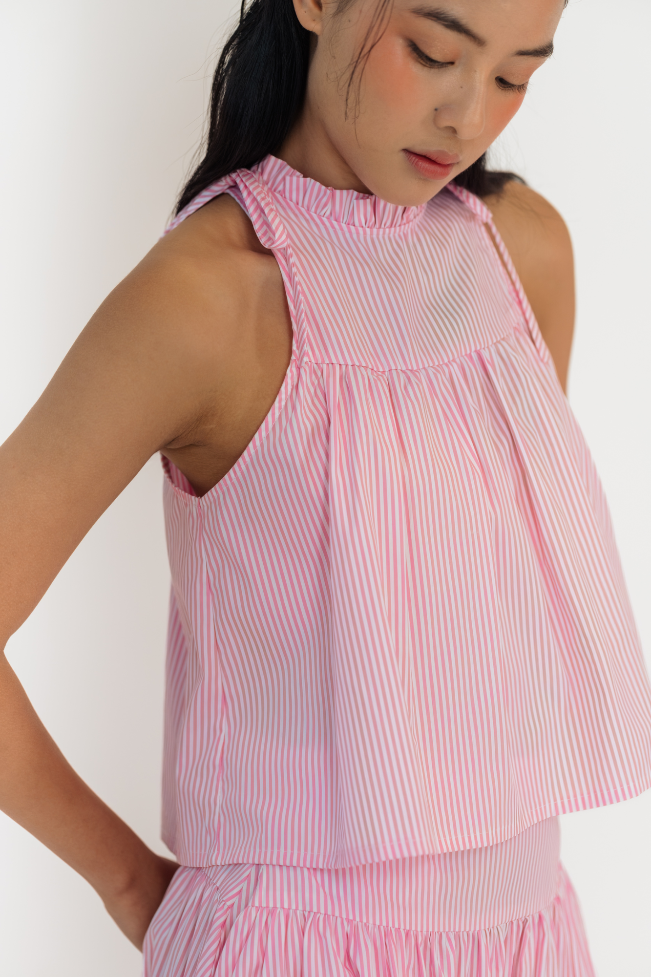 Pink Stripe Ruffled Halter Top &amp; Gathered Skirt Set