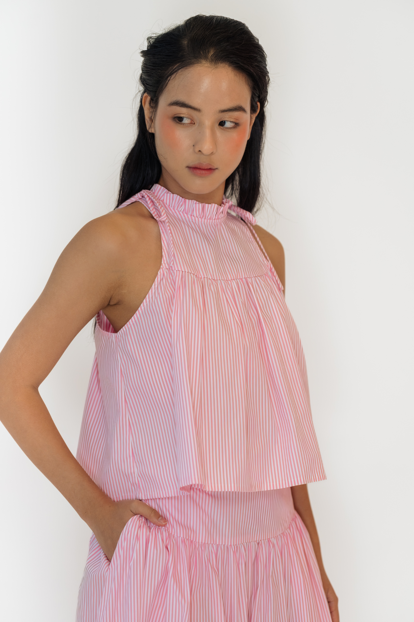 Pink Stripe Ruffled Halter Top &amp; Gathered Skirt Set