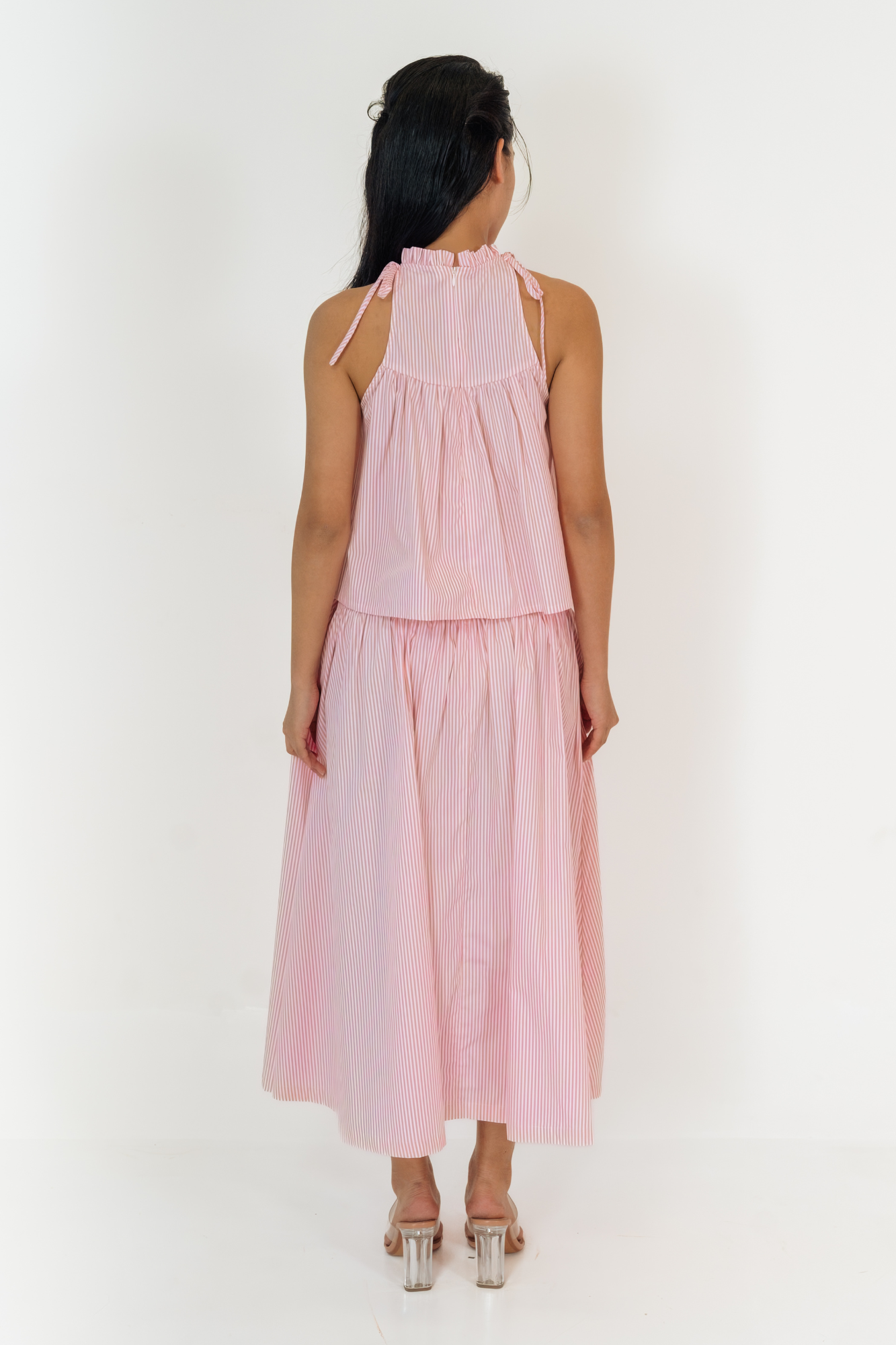 Pink Stripe Ruffled Halter Top &amp; Gathered Skirt Set