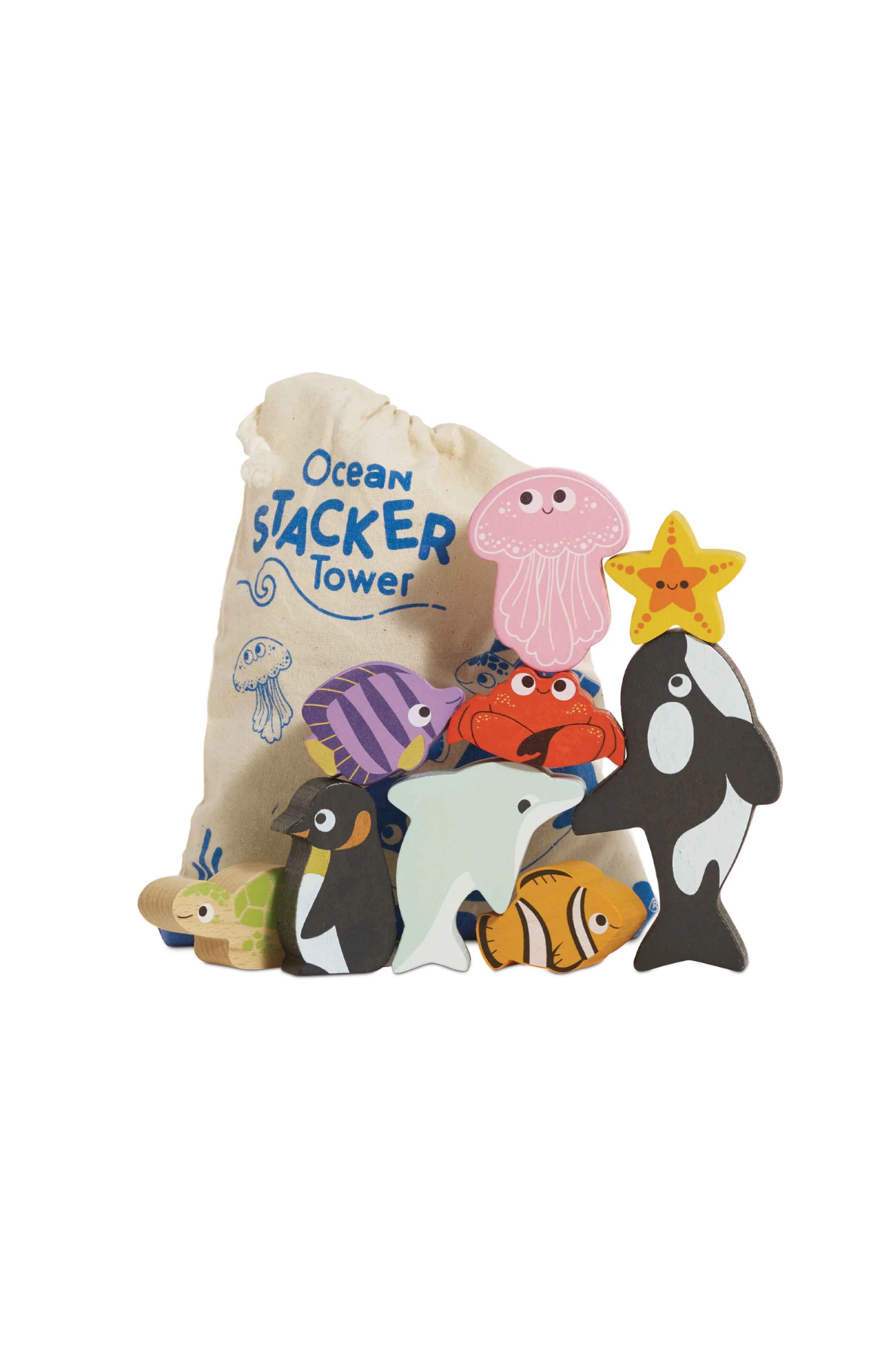 Le Toy Van Wooden Stacking Animals &amp; Bag - Ocean Life