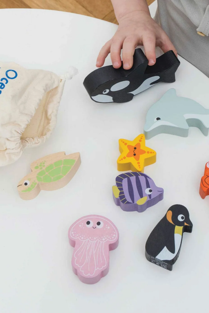 Le Toy Van Wooden Stacking Animals &amp; Bag - Ocean Life