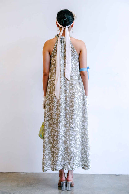 Beige Tropic Halter Maxi Dress