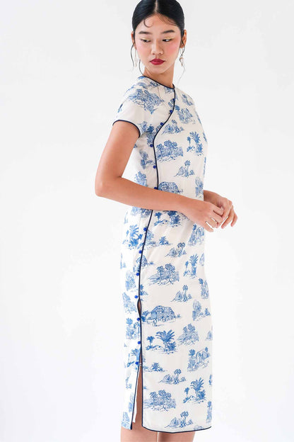 Blue Toile Button Down Cheongsam